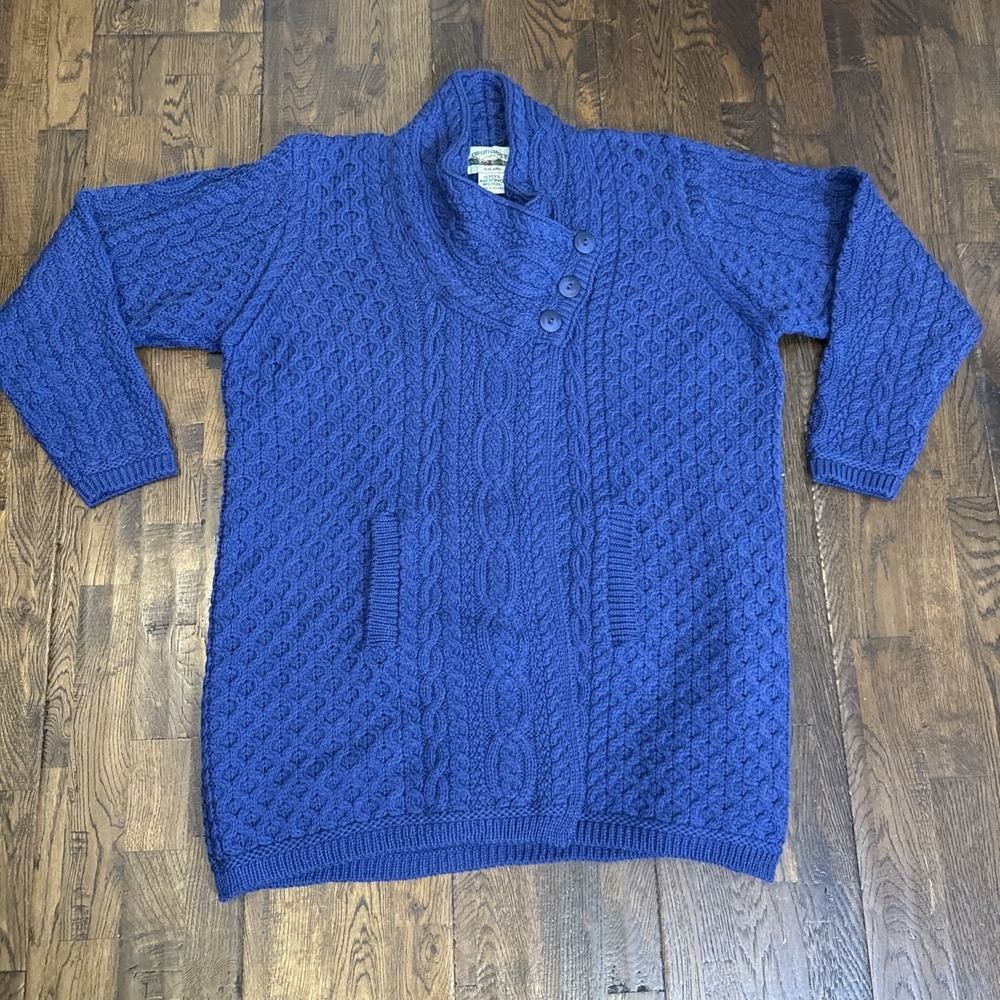 Aran Crafts XXL Soft Blue Merino Wool Chunky Collar 3 Button long Cardigan Coat